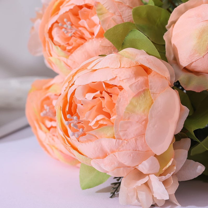 Duovlo باقة Duovlo Springs Flowers من الحرير الاصطناعي الفاوانيا لتزيين المنزل والزفاف حزمة من 1 (برتقالي-وردي ربيعي) - Image 5